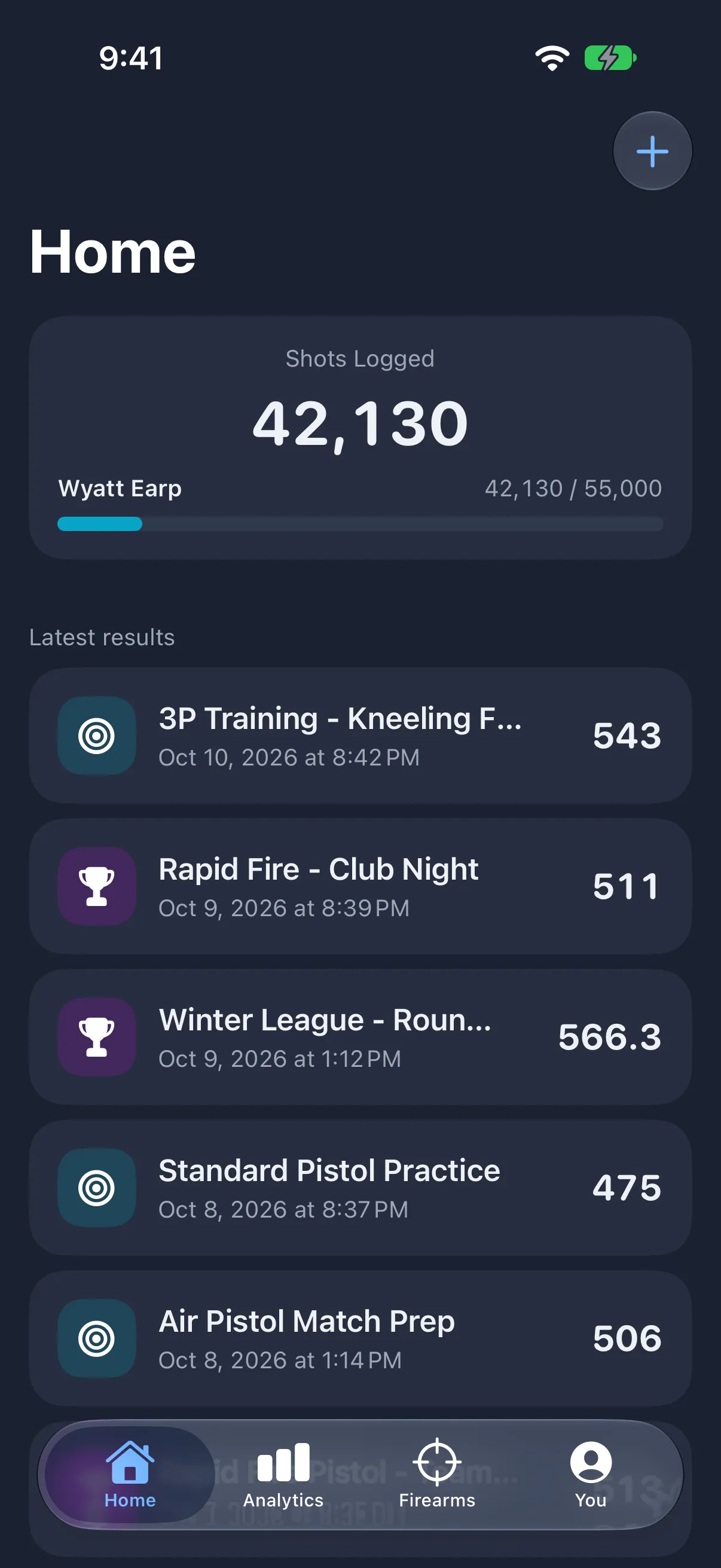 Shotlog home screen: shots logged, marksman rank progress, and latest results
