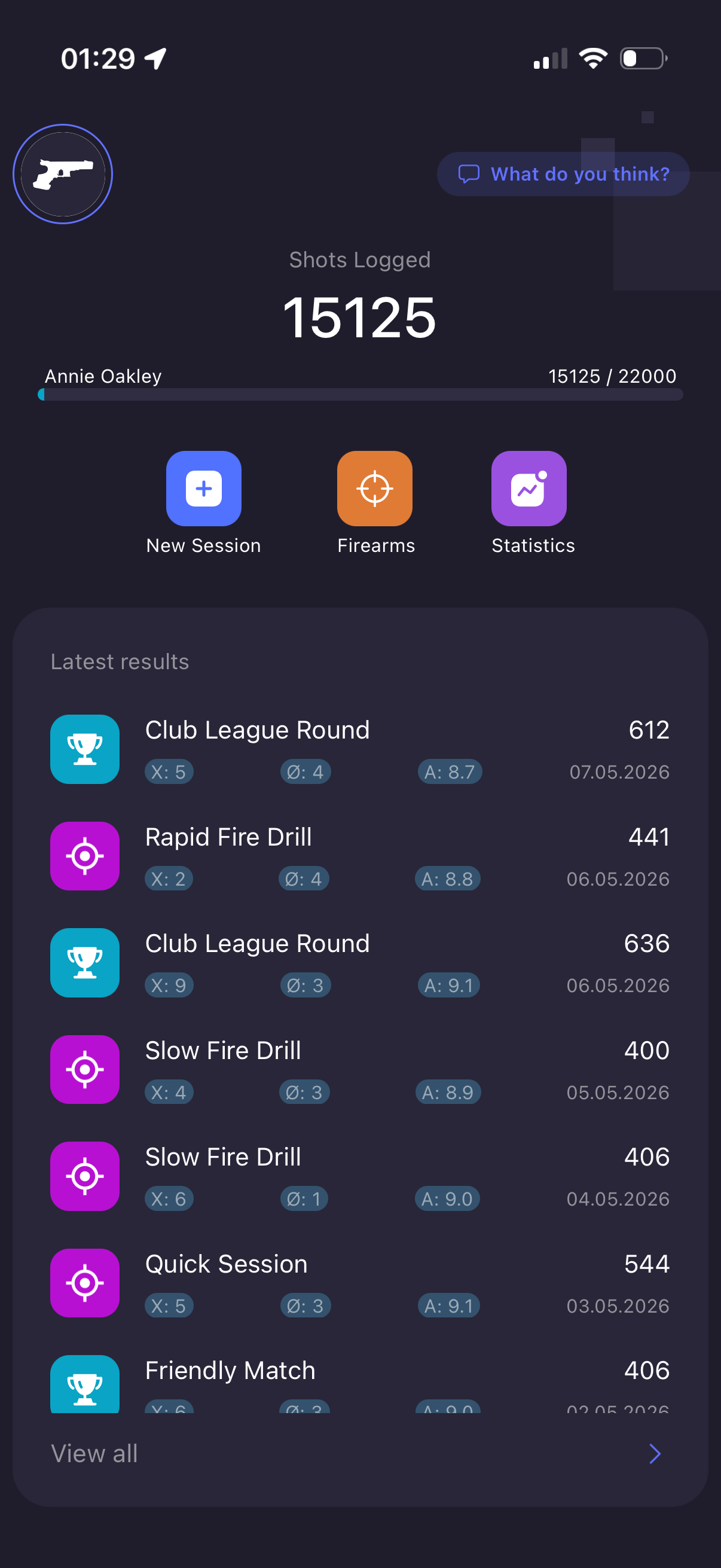 Shotlog home screen: shots logged total, marksman rank progress, and latest results