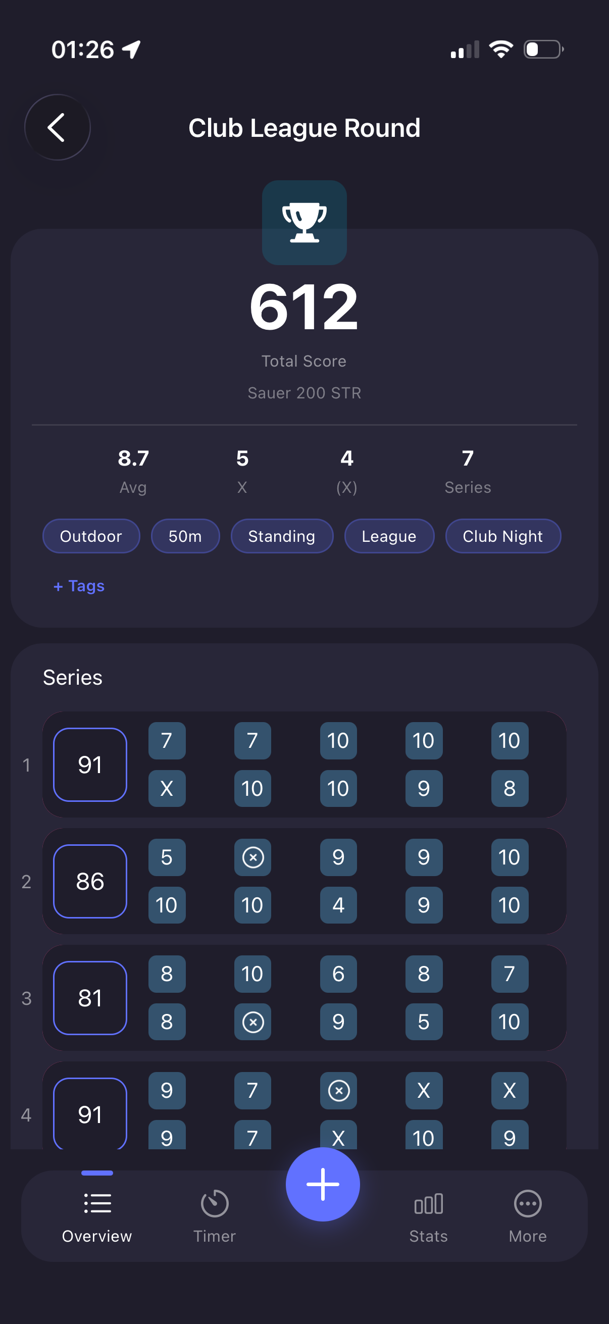 Shotlog session view: Club League Round scored 612 with X / inner-ring counts and tags