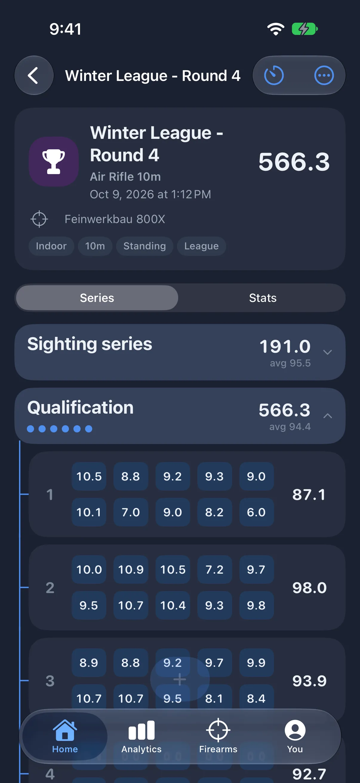 Shotlog session view: Winter League round on Air Rifle 10m scored 566.3 with decimal shots per series