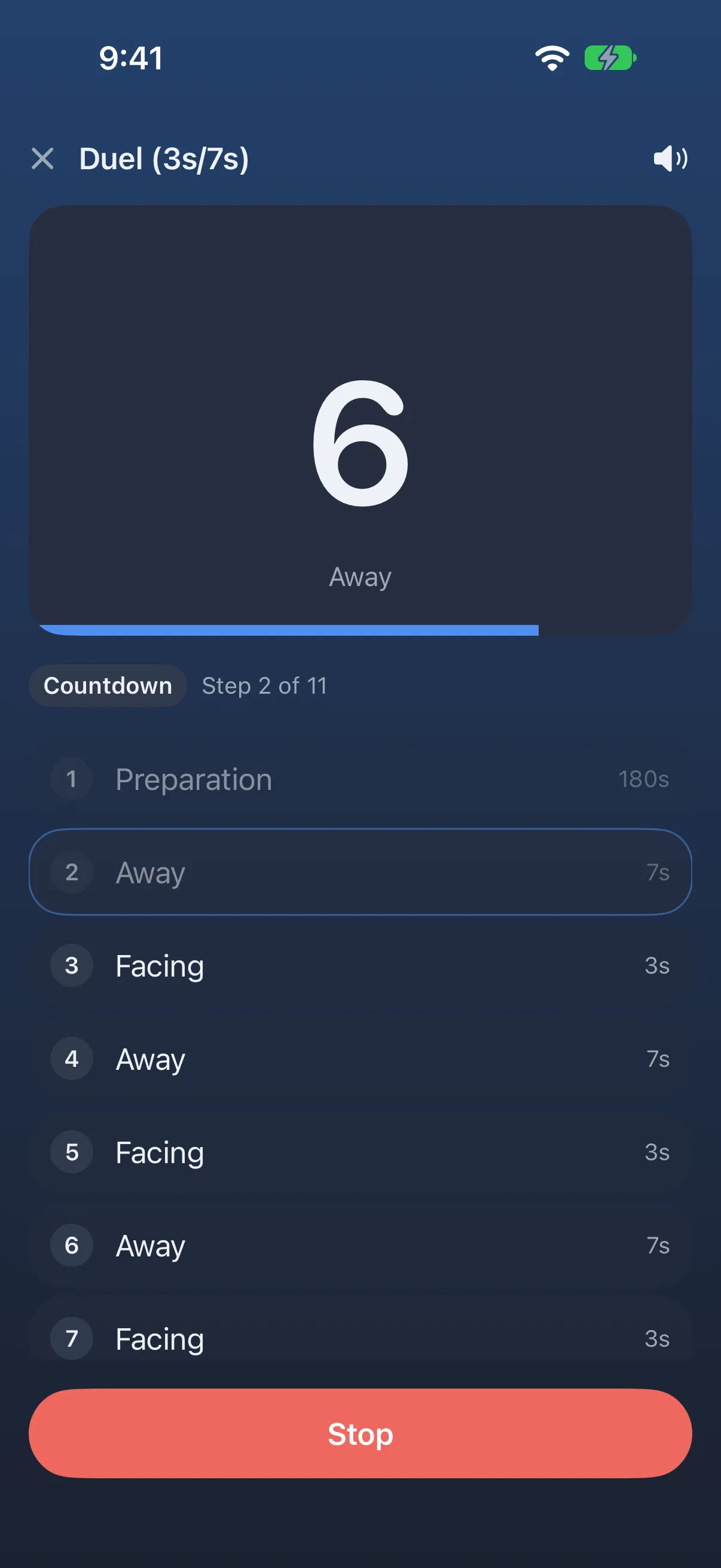 Shotlog Duel timer counting down a 7 second away phase, step 2 of 11