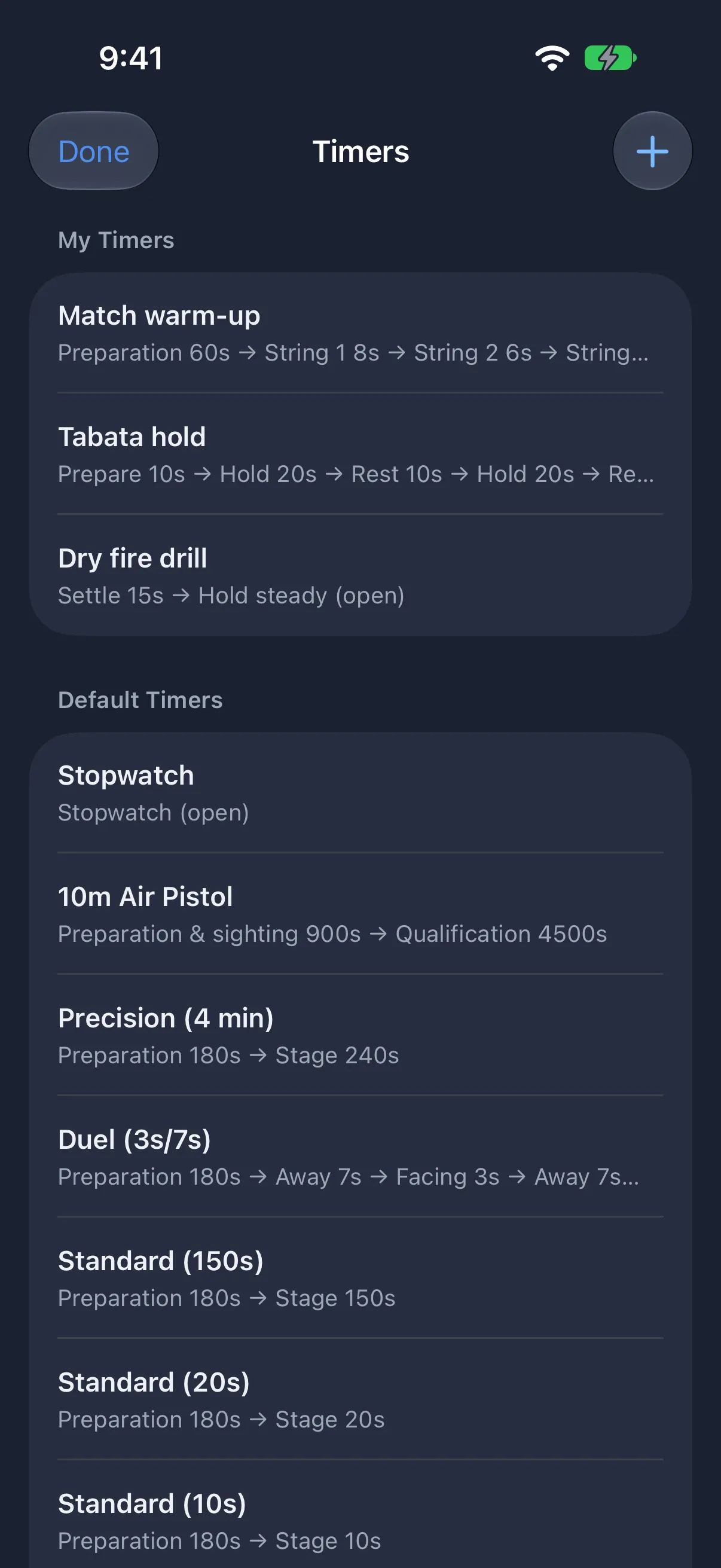 Shotlog timer list: your own drills above preset ISSF and NSF timers such as 10m Air Pistol, Precision, Duel and Standard